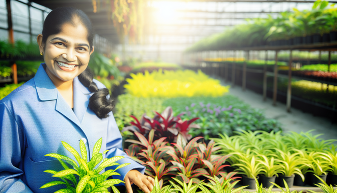 alt_text: A vibrant plant nursery with a smiling entrepreneur, healthy plants, and sunlight, showcasing passion.