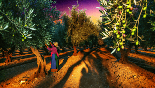 alt_text: A serene olive grove with a farmer tending trees, ripe olives, and a sunset backdrop for a book cover.