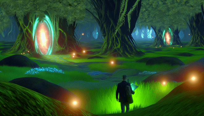 A man is walking through a forest with glowing lights.