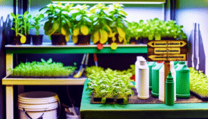alt_text: Lush indoor hydroponic garden showcasing healthy plants, homemade fertilizers, and gardening tools.